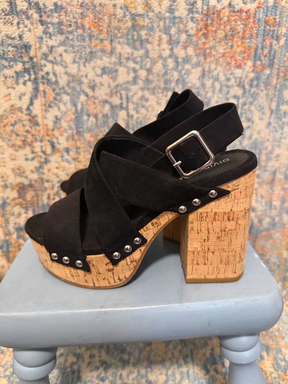 Divided Black Suede Cork Platform Sandals size 8